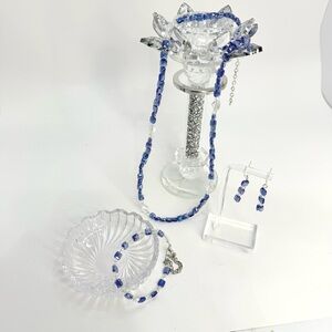 Artisan AB Cushion Cut Blue Glass Beaded Necklace bracelet & earrings Set